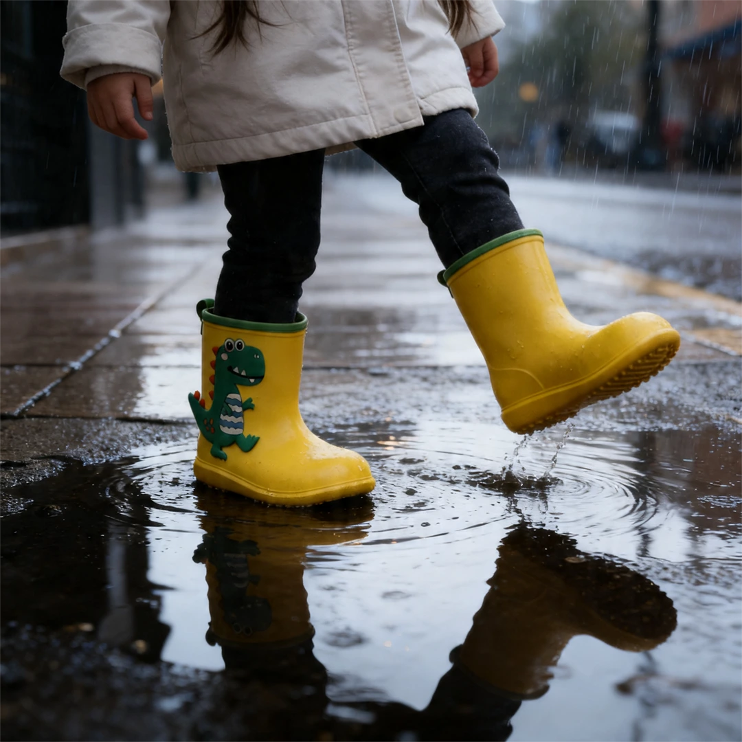 Niña usando botas de Mario amarillas en un día lluvioso en Santiago de Chile