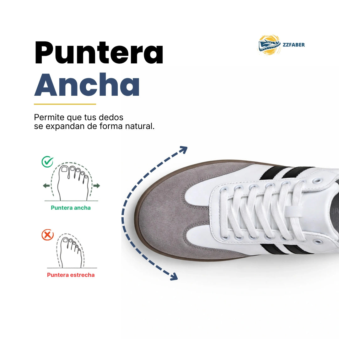 Vista superior de zapatillas ergonómicas blancas ZZFABER Niza 2.0, calzado plano respetuoso con puntera ancha para libre movimiento de los dedos en Chile.