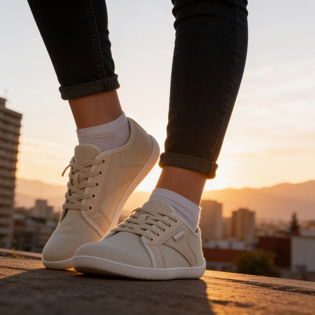 Saguaro Luck I crema barefoot lifestyle mujer — zapatilla barefoot casual crema en uso diario Chile