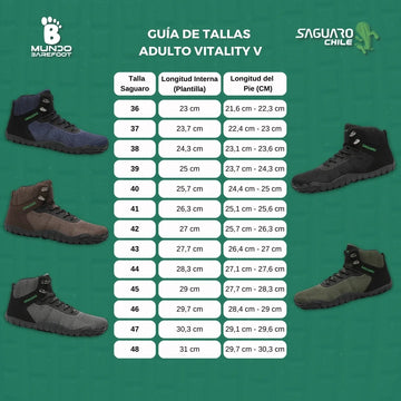 Guía de tallas adulto Saguaro Vitality V — medidas del pie para bota trekking barefoot Chile