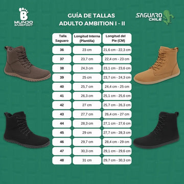 Guía de tallas adulto Saguaro Ambition I y II — medidas del pie para bota barefoot invierno Chile