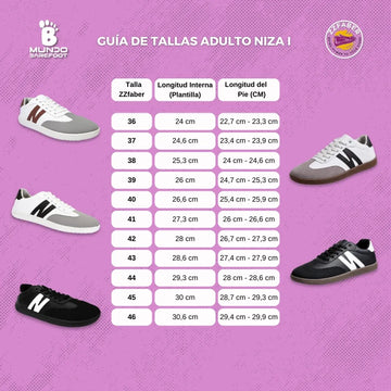 Guía de tallas adulto ZZFaber Niza I — medidas del pie para zapatilla barefoot casual mujer Chile