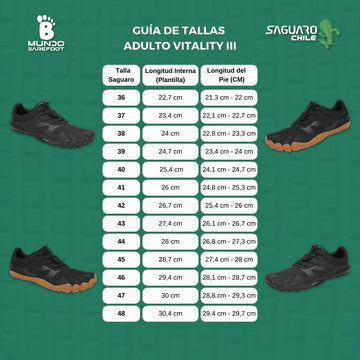 Guía de tallas adulto Saguaro Vitality III — medidas del pie para zapatilla barefoot deportiva Chile