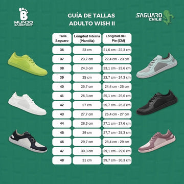Guía de tallas adulto Saguaro Wish I y II — tabla de medidas del pie para calzado barefoot