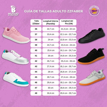 Guía de tallas adulto ZZFaber — medidas del pie para calzado barefoot casual mujer Chile