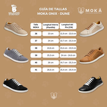 Guia de tallas MOKA — medidas del pie para zapato barefoot artesanal cuero mujer Chile