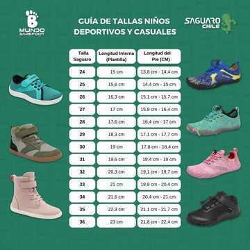 Guía de tallas niños deportivos Saguaro — medidas pie para zapatilla barefoot infantil Chile