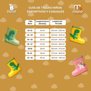 Guía de tallas niños Mario — tabla de medidas calzado barefoot infantil para comprar online Chile