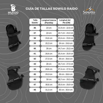 Guía de tallas Sowilo Raido — medidas del pie para sandalia barefoot minimalista Chile