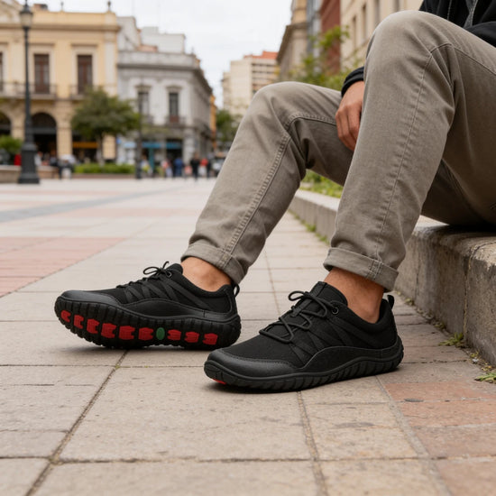 Foto de persona caminando sobre madera con Forestep negras.