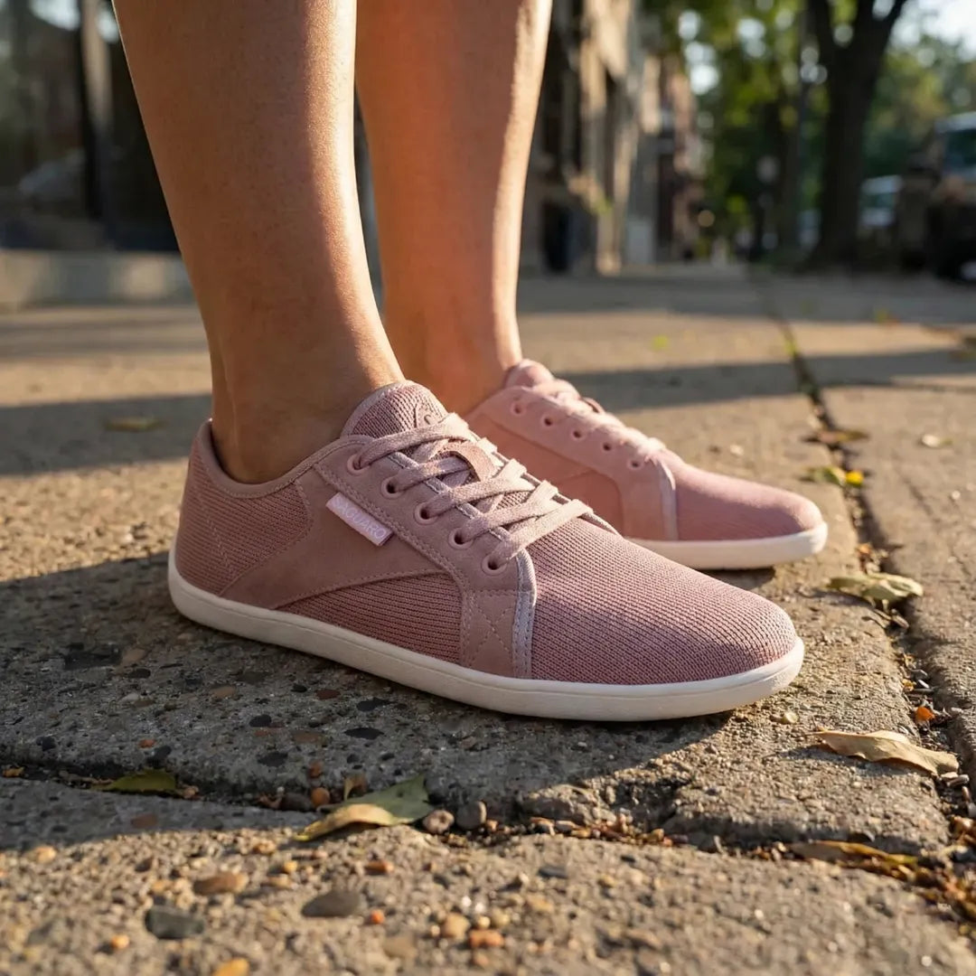 Mujer usando zapatillas Saguaro Luck I rosa en entorno urbano.