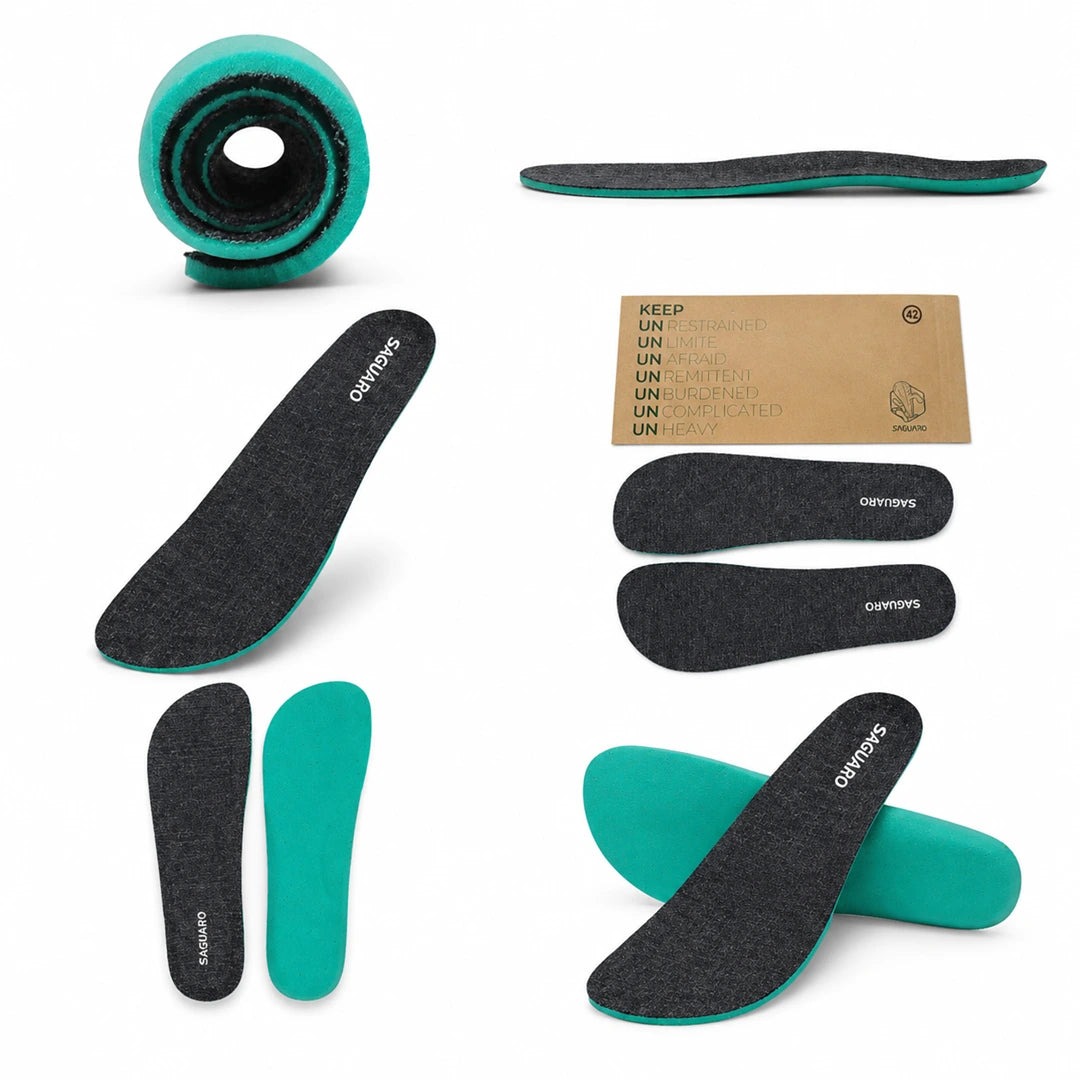 Set de plantillas para zapatos de niños en lino transpirable Saguaro, vistas de flexibilidad y diseño anatómico para calzado respetuoso infantil en Chile.
