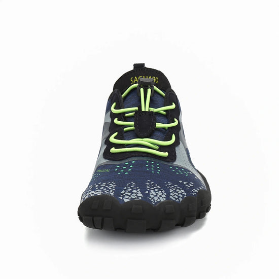 Zapatilla Saguaro Fast I azul vista frontal mostrando puntera ancha barefoot.
