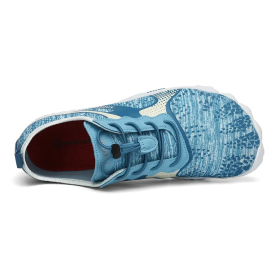 Zapatilla Saguaro Fast I celeste vista interna y superior con detalles ergonómicos.