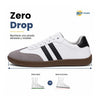 Perfil lateral de zapatillas minimalistas blancas urbanas ZZFABER Niza 2.0 con suela plana drop cero, ideal para evitar dolores por juanetes.