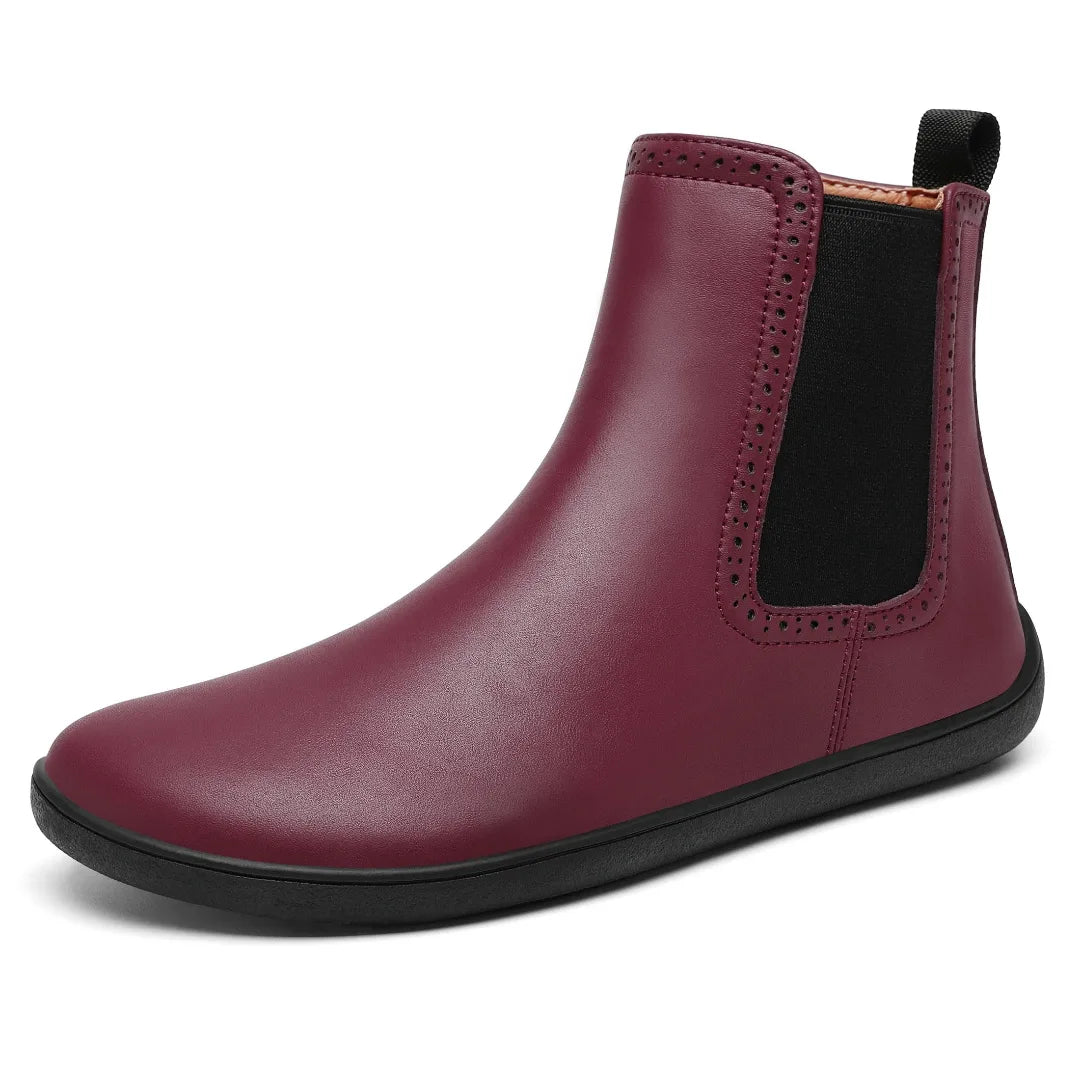 Zapato barefoot mujer tipo bota Chelsea en color vinotinto, calzado respetuoso y formal.